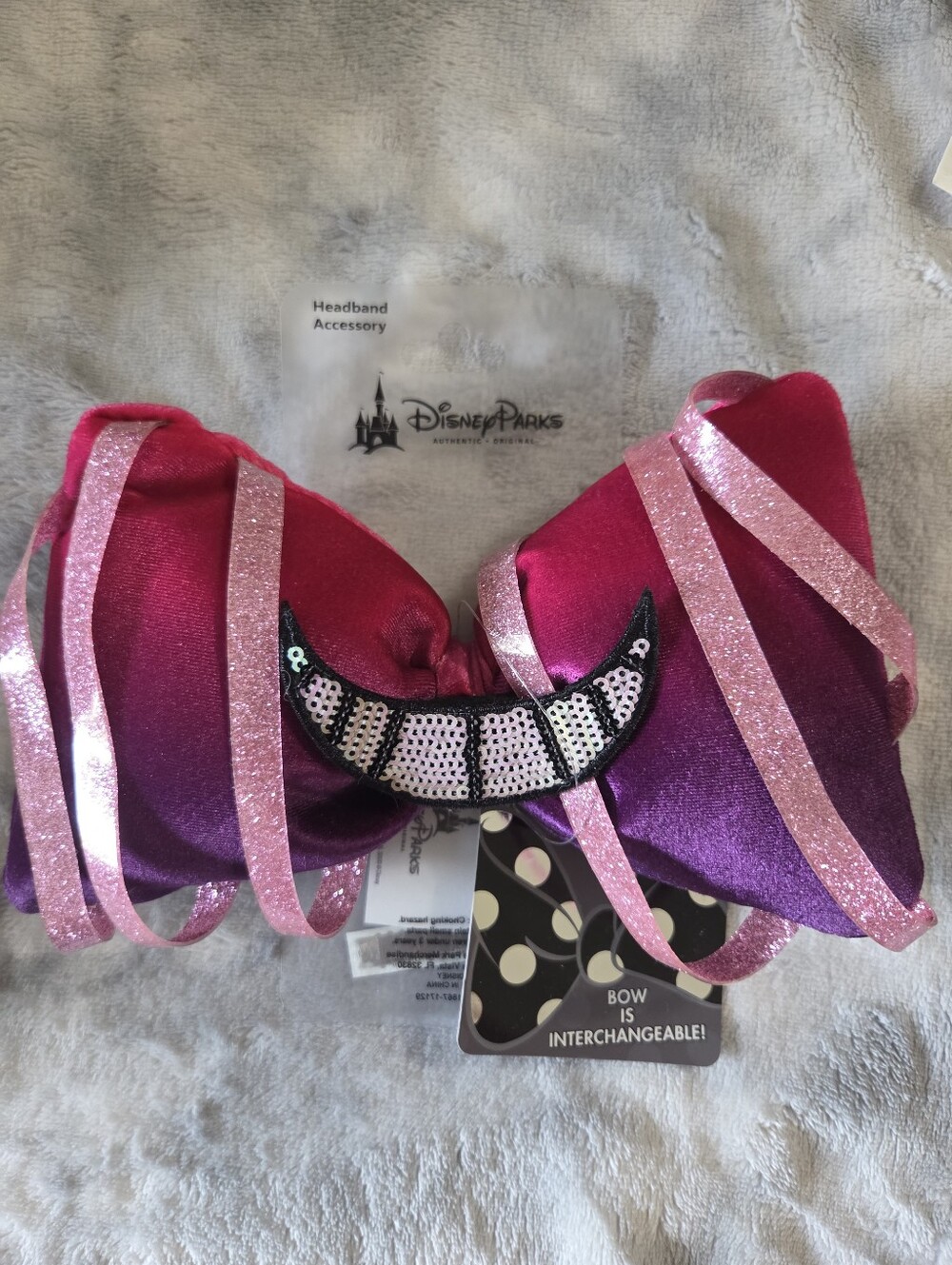 Disney Pink Purple Cheshire Cat Bow Headband with Sequin Smile